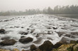 Rapide su fiume in autunno all'alba con nebbia e pioggia