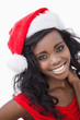 Woman wearing red dress and Santa Claus hat