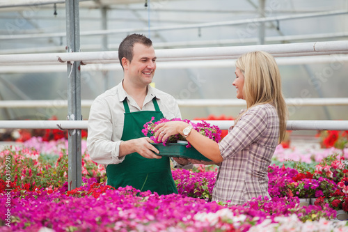 Photo: Employee in garden center giving woman tray of flowers Employee in garden center giving woman tray of flowers