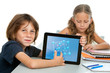 Cute science student pointing on tablet.