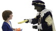 Zwarte Piet is giving presents to a child