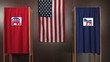 Voting booths with Democrat and Republican logos on curtains, American flag in background