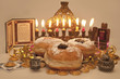Hanukkah menorah with  candles and  dreidel