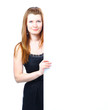 Photo: Happy smiling young business woman showing blank signboard Happy smiling young business woman showing blank signboard