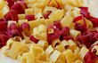 Red and yellow heart-shaped pasta