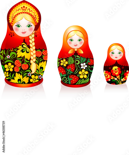 Vector: Three Russian tradition matryoshka dolls in hohloma style Three Russian tradition matryoshka dolls in hohloma style
