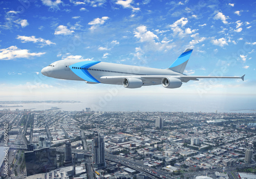 Illustration: White passenger plane flying above a city White passenger plane flying above a city