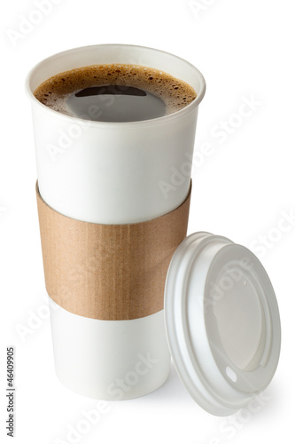 Photo: Opened take-out coffee with cup holder. Isolated on a white. Opened take-out coffee with cup holder. Isolated on a white.