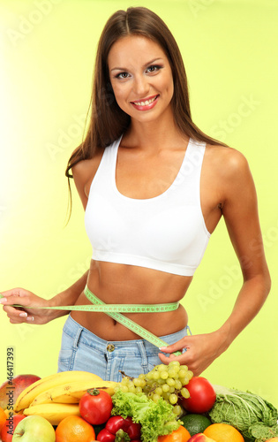 Photo: beautiful young woman with fruits and vegetables, beautiful young woman with fruits and vegetables,