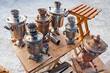 Old Russian traditional objects for tea ceremony, samovars.