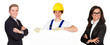 bauarbeiter und businessleute mit hinweisschild