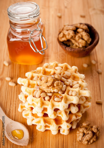 Photo: Healthy breakfast: waffles, nuts and honey Healthy breakfast: waffles, nuts and honey