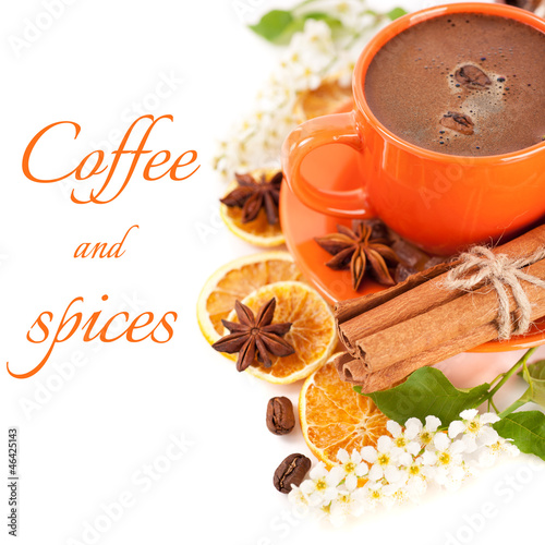 Photo: Сup of espresso with cinnamon, brown sugar and star anise Сup of espresso with cinnamon, brown sugar and star anise