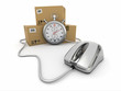 Online express delivery. Mouse, stopwatch and package.