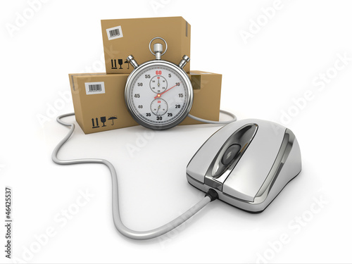 Illustration: Online express delivery. Mouse, stopwatch and package. Online express delivery. Mouse, stopwatch and package.