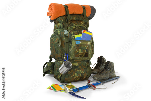 Photo: Military or survival hunters backpacks set isolated on white Military or survival hunters backpacks set isolated on white