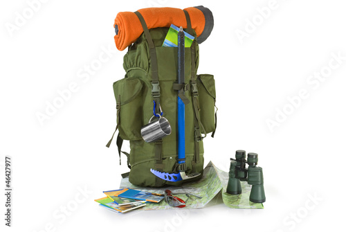 Photo: Military or survival hunters backpacks set isolated on white Military or survival hunters backpacks set isolated on white