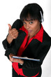 A black woman answering a hotline.