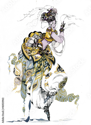 Illustration: Oriental dance. Young girl in traditional costume Oriental dance. Young girl in traditional costume
