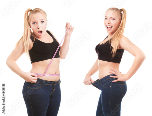 Photo: Before and after a diet, girl surprised by measuring waist Before and after a diet, girl surprised by measuring waist