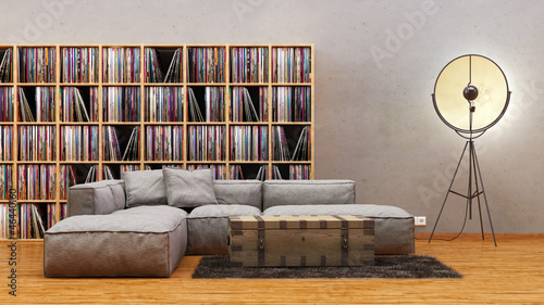 Illustration: Rustikales Apartment im Vintage Loft Stil mit Vinyl Regalen Rustikales Apartment im Vintage Loft Stil mit Vinyl Regalen