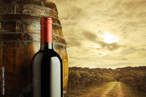 Photo: red wine bottle, vineyard on background red wine bottle, vineyard on background