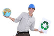 craftsman holding a recycling label and a globe