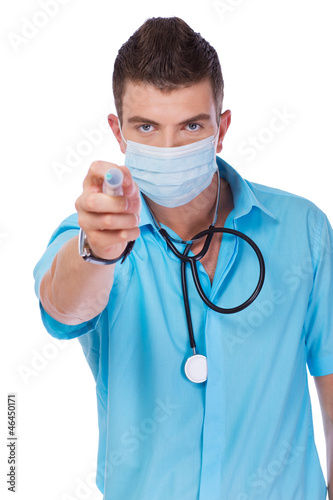 Photo: Portrait of handsome man posing on white background in blue clot Portrait of handsome man posing on white background in blue clot