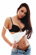  Alluring and sexual woman in short jeans stripping