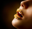 Sexy Lips with Diamonds. Professional Golden Makeup