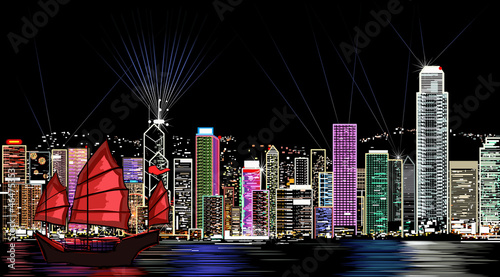 Vector: vector illustration of Hong Kong by night vector illustration of Hong Kong by night