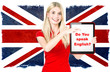 young woman holding tablet pc. english learning concept