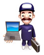 The man carrying the Briefcase with laptop. 3D Business Man Char