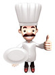 Gestures chef holding empty plate to the top. 3D Chef Character