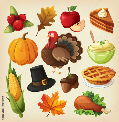 Vector: Set of colorful cartoon icons for thanksgiving day. Set of colorful cartoon icons for thanksgiving day.
