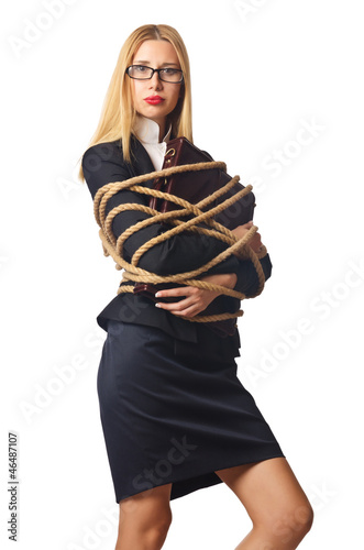 Photo: Woman businessman tied up with rope Woman businessman tied up with rope