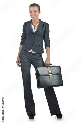Photo: Businesswoman with briefcase on white Businesswoman with briefcase on white