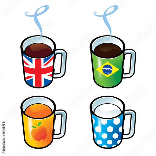 Vector: Cups with tea, coffee, juice and milk drink Cups with tea, coffee, juice and milk drink