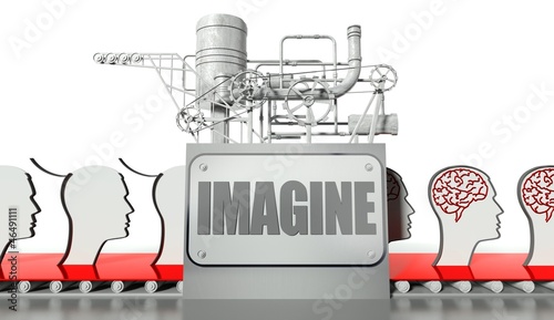 Illustration: Idea concept, faces with brains and machine Idea concept, faces with brains and machine