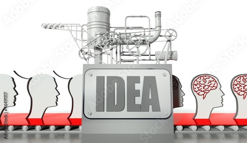 Illustration: Idea concept, faces with brains and machine Idea concept, faces with brains and machine