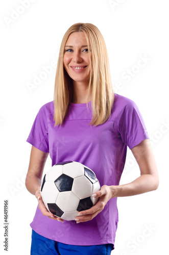 Photo: Woman playing football on white Woman playing football on white