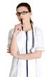 Thoughtful young female doctor with a pen