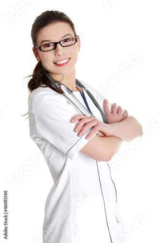 Photo: Smiling medical doctor or nurse. Smiling medical doctor or nurse.