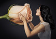 Elegant Beautiful Woman Enjoying Aroma Huge Roses On Dark Backgr
