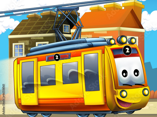 Illustration: Happy tram in the city - illustration for the children Happy tram in the city - illustration for the children