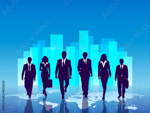 Vector: business team buildings and world business team buildings and world