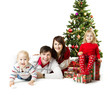 Christmas family and fir tree with gift boxes