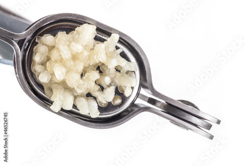 Photo: Crushed garlic oozing from garlic press isolated on white Crushed garlic oozing from garlic press isolated on white