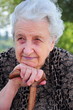 senior woman sittingby leaning her stick / cane