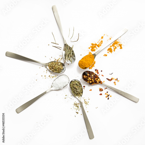 Photo: Spices and herbs on white background Spices and herbs on white background